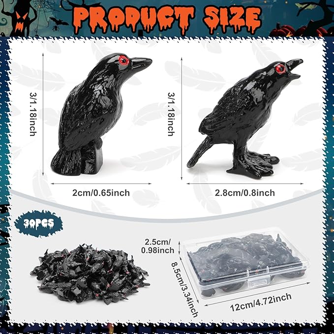 30 PCS Mini Resin Crow Figurines Halloween Decor Black Miniature Crow Gothic Tiny Raven Vase Filler Spooky Bird Ornament DIY Craft Project for Garden Landscape Scene Cupcake Topper Decoration