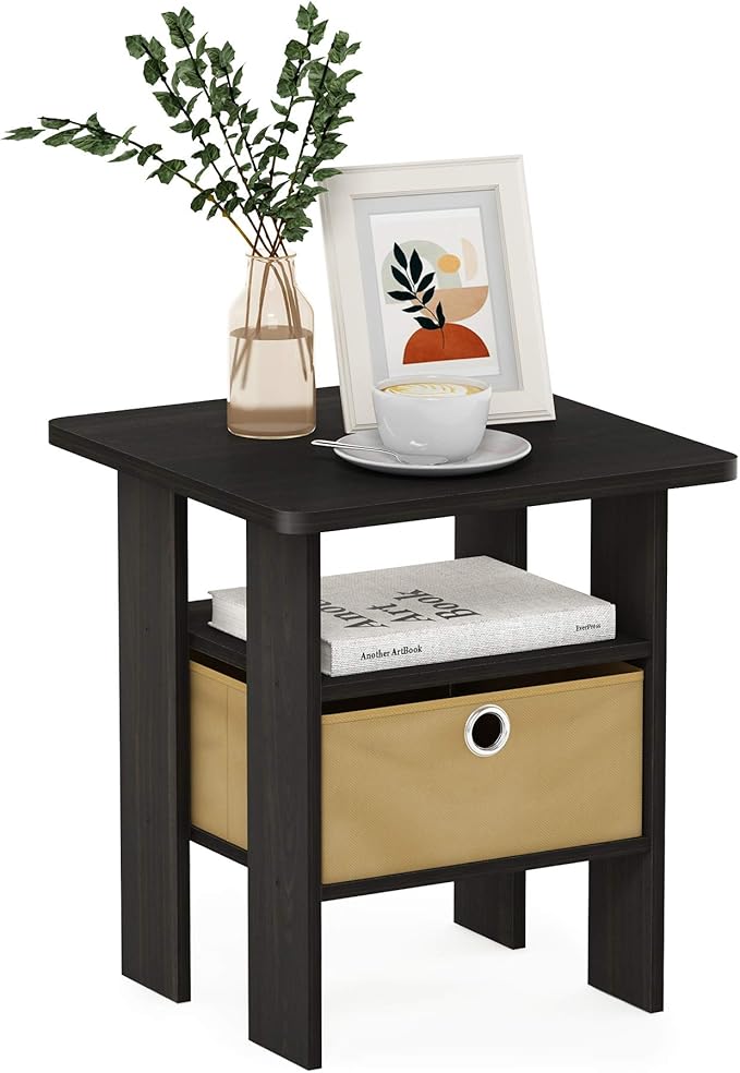 Furinno Andrey Set of 2 End / Side Table / Night Stand / Bedside Table with Bin Drawer, Espresso