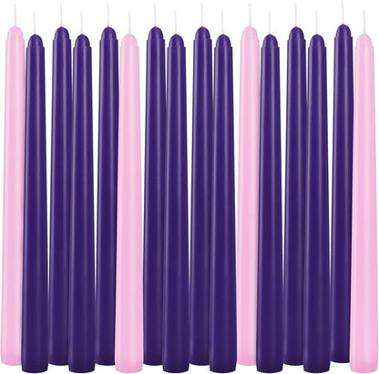 16pcs 10-inch Advent Taper Candles Unscented and Dripless for Christmas, Advent, Holidays, Church, Devotional, Celebration, Party (Purple, Pink)