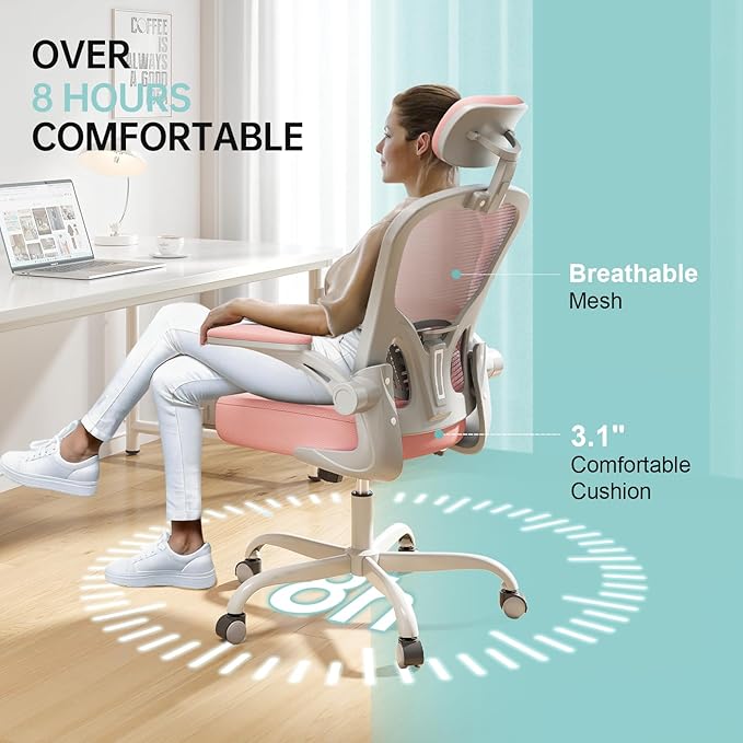 Synorla Office Chair Ergonomic Desk Chair, 330LBS Capacity, High Back Computer Design for Long Hours Comfort, Rolling Swivel Executive Task for Home Office with Flip-up Armrests (Grey Pink)