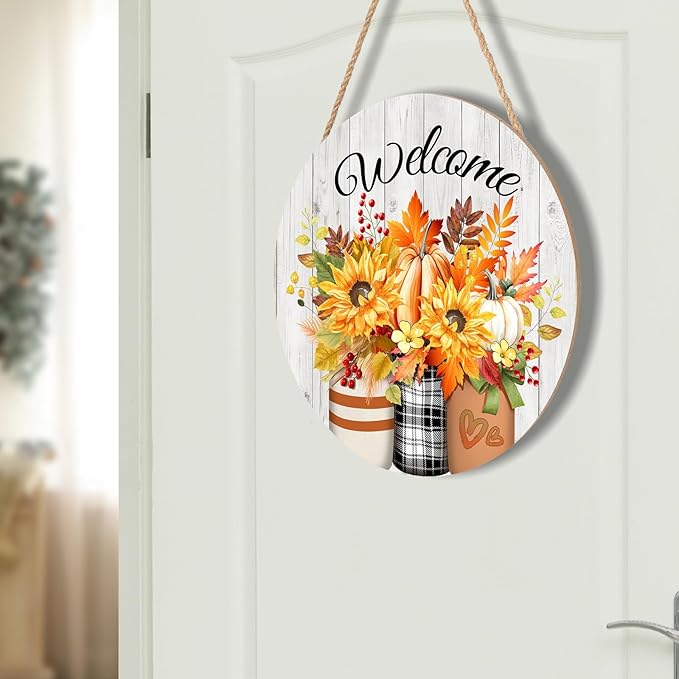 Fall Welcome Sign Door Sign 12"x12" Rustic Fall Decorations Hanging Door Sign Thanksgiving Farmhouse Welcome Round Wooden Sign for Home Front Door Wall Porch Yard Garden
