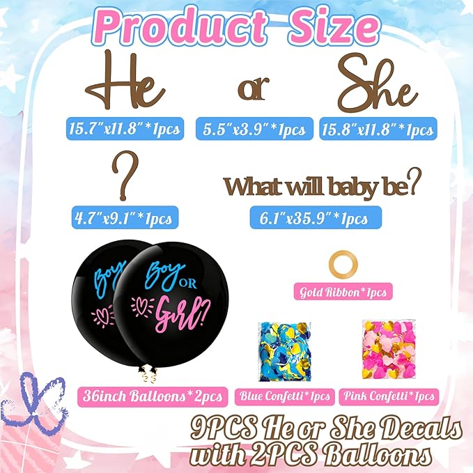 Large Wooden Gender Reveal Decals for Backdrop 36 Inch Boy or Girl Balloons He or She What Will Baby Be Decorations for Balloon Arch Sticker Oh Baby Shower Sign Gender Reveal Ideas Banner Photo Props