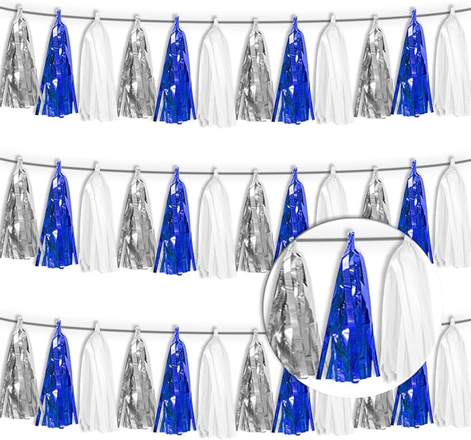 3P Navy Blue White Silver Tassel Banner Garland Metallic Foil Fringe Banner Tinsel Tassels Streamer Banner Backdrop for Parade Floats, 2025 Graduation Decorations, Retirement Party Decorations