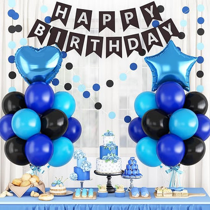 Blue and Black Birthday Party Decorations for Boys Men Royal Blue Black Balloon Set with Star Heart Foil Balloons Happy Birthday Bunting Banner Garland Navy Dark Light Baby Game Theme Party Decor Kit