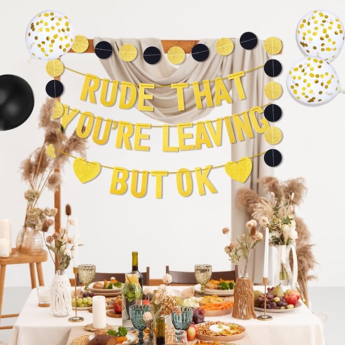 Rude That You're Leaving But OK Banner, Going Away Party Decorations, Funny Farewell Party Decorations Set with Black and Gold Glitter Perfect for Office Coworker Goodbye Party Decoration