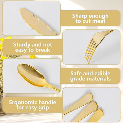 150 PCS Gold Plastic Silverware - Gold Plastic Flatware Disposable - Heavy Duty Disposable Utensils Sets Includes 50 Forks, 50 Spoons, 50 Knives for Christmas Party Wedding