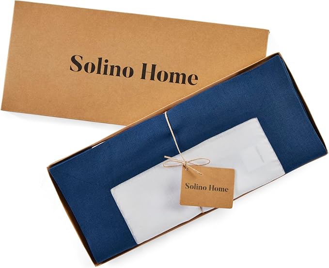 Solino Home Linen Table Runner 48 Inches - 100% Pure Linen Indigo Blue and White Table Runner 14 x 48 Inch Ideal for Dresser and Coffee Tables - Contempo - Thanksgiving