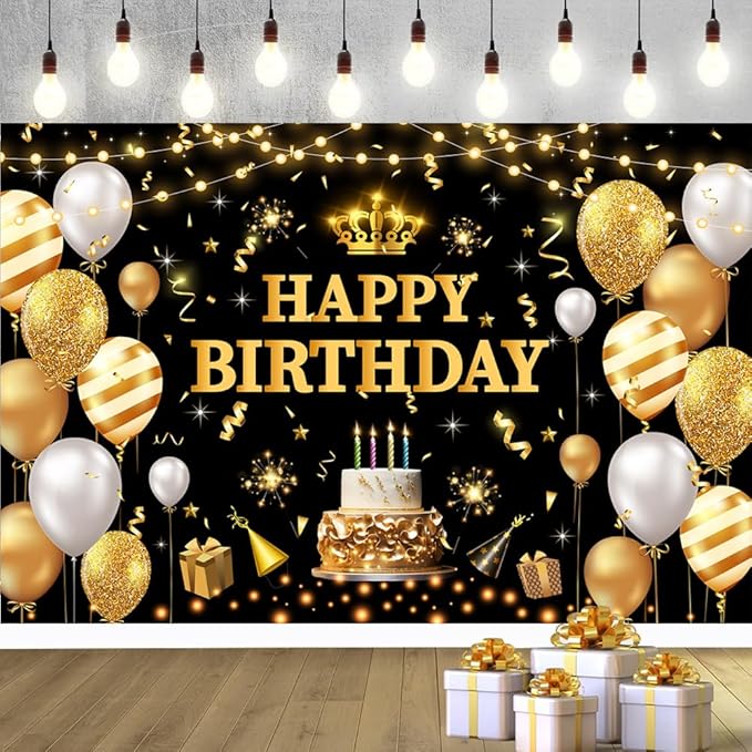 YinQin 180x120 cm Glitter Black Golden Happy Birthday Party Photo Backdrops Cloth 71x47 inch Bday Photography Backgrounds Shiny Black Gold Happy Birthday Sign Banner Decorations for Women Men