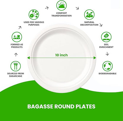 Round Compostable Plates, Disposable Sturdy, Sugarcane Biodegradable, Microwave Freezer Safe for Parties, Weddings, Events (10 Inch, 125, Count)