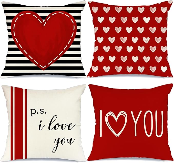 GEEORY Valentine's Day Pillow Covers 20 x 20 Inch Set of 4 - Red Black Stripes Love Heart I Love You Throw Pillows Decorative Cushion Cases for Valentine Decor