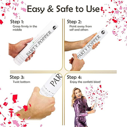 Clover Products 12" Biodegradable Confetti Poppers | 6 Pack | Red & Pink Poppers for Weddings, Birthdays & Events | Air-Powered, Safe & Easy to Use | Shoots 25 Feet for Indoor & Outdoor Celebrations