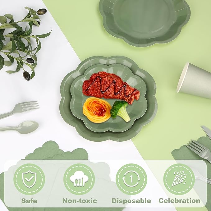 192 Pcs Sage Green Paper Plates And Napkins Set Party Supplies - For 24 Guests Paper Plates And Napkins Knives Spoons Forks Cups - For Baby Shower Bridal Shower Wedding