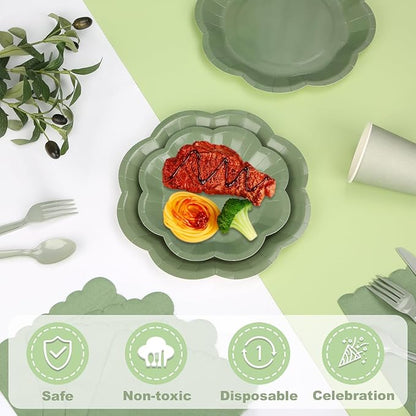 192 Pcs Sage Green Paper Plates And Napkins Set Party Supplies - For 24 Guests Paper Plates And Napkins Knives Spoons Forks Cups - For Baby Shower Bridal Shower Wedding
