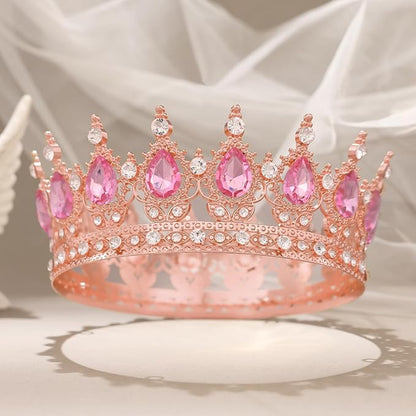 Rose Pink Crown for Women Crystal Tiara and Queen Crown for Girl Wedding Headband for Bride Hair Accessories for Costume Birthday Party Cake Decoration Prom