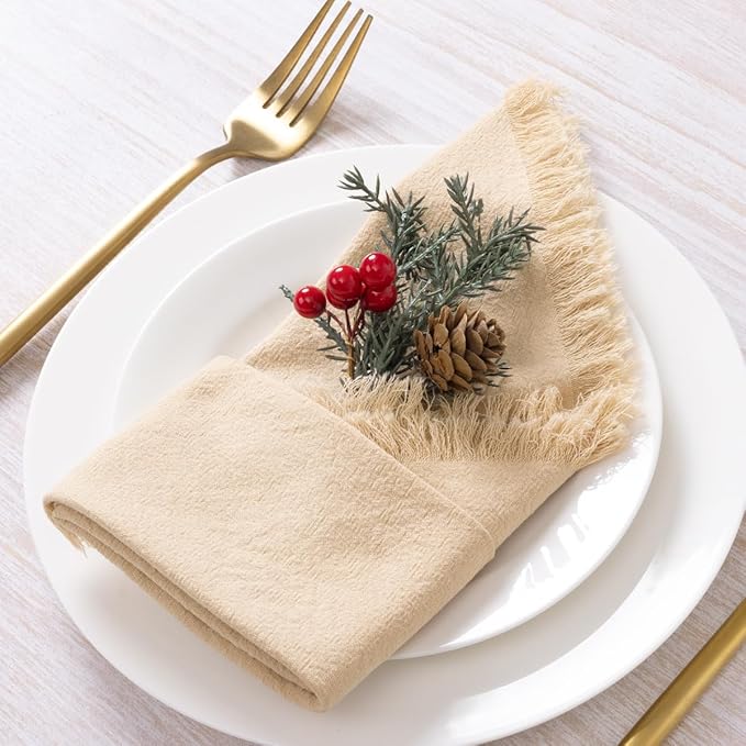 12 Pack Champagne Cotton Linen Napkins with Fringe Christmas Cloth Napkins Set of 12 Boho Handmade Holiday Napkins Bulk for Wedding Baby Shower Xmas Dinner Table Parties, 17 x 17 Inches