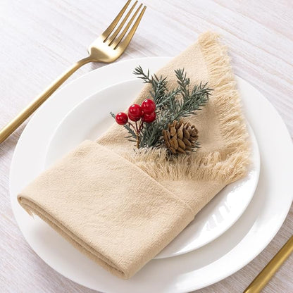 12 Pack Champagne Cotton Linen Napkins with Fringe Christmas Cloth Napkins Set of 12 Boho Handmade Holiday Napkins Bulk for Wedding Baby Shower Xmas Dinner Table Parties, 17 x 17 Inches