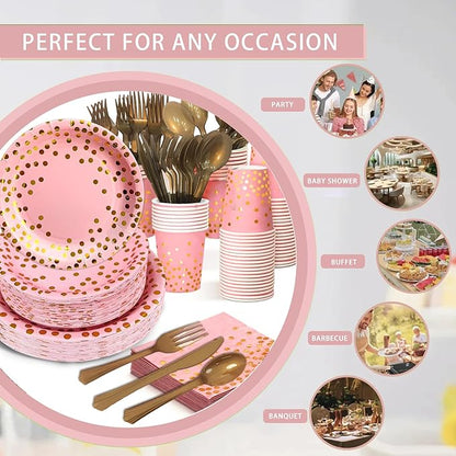 175 Pcs Pink Gold Paper Plates and Napkins Set,Disposable Dinnerware for 25 Guests for Party Wedding Birthday