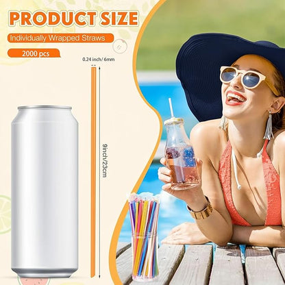 2000 PCS Individually Wrapped Disposable Plastic Drinking Straws, (9" Long, 0.24" Diameter), for Juice, Iced Coffee, Soda, and Party Beverages(Colorful)