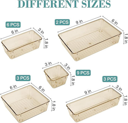 23 PCS Drawer Organizer Set, 5 Varied Size Bathroom and kitchen Drawer cabinet organizer Trays, Clear Storage Bins for Makeup, Jewelry, Utensils and Gadgets, Champagne