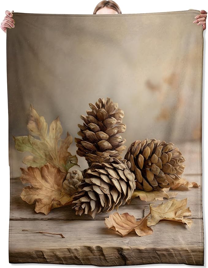 Autumn Pinecone Blanket, Rustic Fall Leaf Blankts, Gifts for Adults and Nature Lovers, Home Dorm Cabin Pet Area Picnic and Travel Decor, Soft Cozy Lightweight Flannel Throw,50"x60"