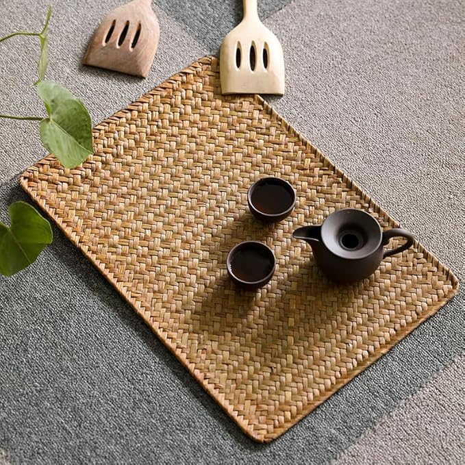 6 Pack Woven Placemats, Rectangular Rattan Place mats, Natural Seagrass Placemats, Farmhouse Wicker Table Mats for Dining Table