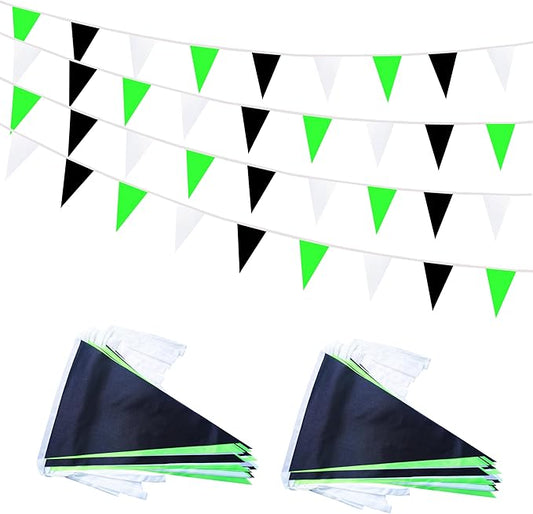 100 Feet 60 Pcs Green White and Black Pennant Banner Flag String Hanging Triangle DIY Flag, Bunting Streamer Decoration for Grand Opening, Birthday, Wedding Celebration (Green White & Black)