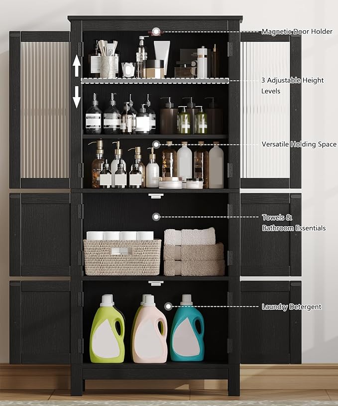 53.1" H Tall Bathroom Storage Cabinet, Bathroom Floor Cabinet with 6 Doors and Adjustable Shlef, Linen Cabinet, Pantry Cabinet for Living Room, Kitchen, Entryway, Black