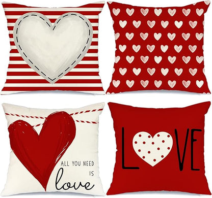 GEEORY Valentines Day Pillow Covers 16x16 inch Set of 4 for Valentines Decor Red White Stripes Dots Love Heart Valentines Day Throw Pillows Decorative Cushion Cases Valentine Decorations