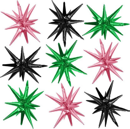 Pink Green Black Star Balloons,9Pcs 22Inch Pink Green Explosion Spike Cone Helium Star Foil Balloons for Witch Birthday Anniversary Disco Party Decorations