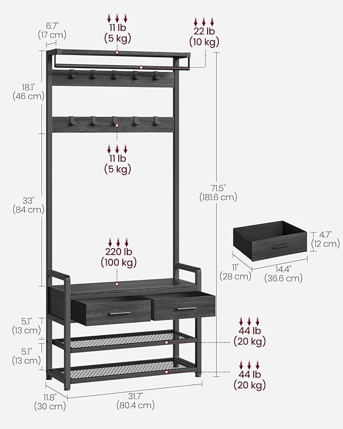 VASAGLE Hall Tree with Bench and Shoe Storage, Entryway Coat Rack with Shoe Bench, 2 Fabric Drawers, 10 Hooks, 11.8 x 31.7 x 71.5 Inches, Stone Gray and Ink Black UHSR429B04