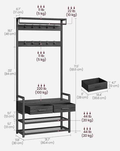 VASAGLE Hall Tree with Bench and Shoe Storage, Entryway Coat Rack with Shoe Bench, 2 Fabric Drawers, 10 Hooks, 11.8 x 31.7 x 71.5 Inches, Stone Gray and Ink Black UHSR429B04
