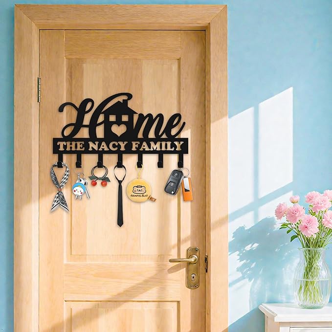 Personalized Key Holder for Wall, Metal Key Holder Wall Mount, Sweet Home Coat Rack for Living Room Bedroom Entryway, Mounted Key Hanger with Hooks, Housewarming Gift (05-Home)
