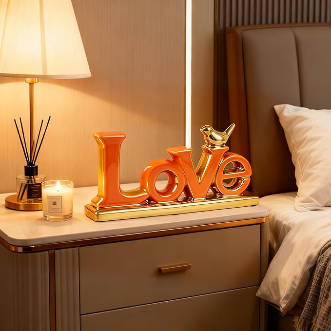 Love Sign Decoration,White and Gold Love Signs for Home Decor Statue,Modern Bird Sculpture Personalized Love Decor,Gold Style Figurine Decorative Ornaments for Living Room,Bedroom,Desktop (Orange)