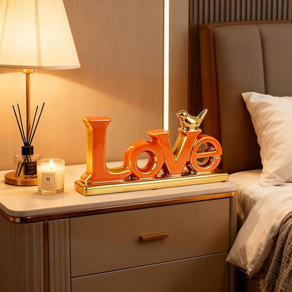Love Sign Decoration,White and Gold Love Signs for Home Decor Statue,Modern Bird Sculpture Personalized Love Decor,Gold Style Figurine Decorative Ornaments for Living Room,Bedroom,Desktop (Orange)