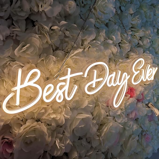 SYLHOME Large LED Neon Light Signs 12V Best Day Ever 26"X7.9" Wedding Ceremony Party Birthday Art Wall Backdrop Sign Decor, for Bedroom Home Bar Pub Neon Night Light Warm White