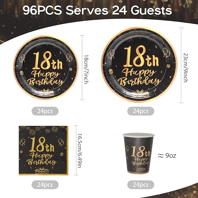 96pcs 18th Birthday Party Disposable Tableware Set for Men Women Black and Gold Paper Plates for 24 Guest Party Supplies （Include plates，cups and napkins）