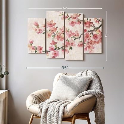 Elephant Stock Cherry Blossom Composition I Wall Art - Horizontal Canvas - 4-Piece Living Room Wall Decor - Branch Painting Canvas Print - Pink and Green Decor for Wall by Tim O'Toole - 36" X 22"