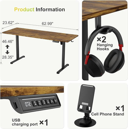 Furmax Electric Standing Desk, 63 x 24 Inches Sit Stand up Desk, Sit Stand Height Adjustable Home Office Desk with 4 Height Position Memory - with Splice Board (Rustic Brown, 63)