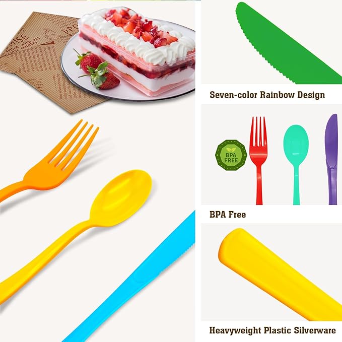 294 Pcs Neon Plastic Silverware Pastel Disposable Silverware Heavy Duty Colorfu Plastic Cutlery Set Includes 98Plastic Forks 98 Knives 98 Spoons for All Occasions（7 Colors）