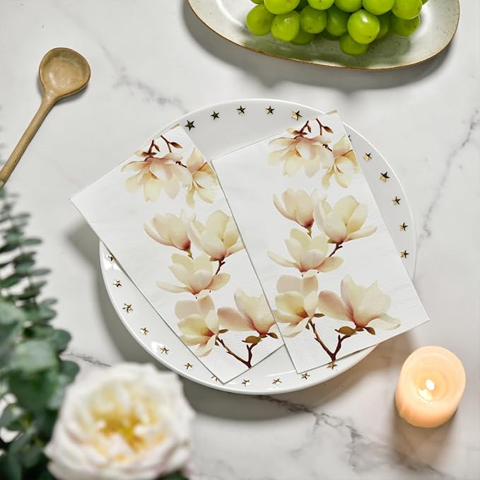 Horaldaily 100 Disposable Paper Decorative Guest Napkins, Magnolia Grandiflora Hand Towel for Party Lunch Dinner Kitchen Bathroom