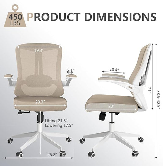 Ergonomic Office Chair with Lumbar Support, High Back Mesh Desk Chair with Flip-Up Arms, Adjustable Computer Task Chair, Khaki