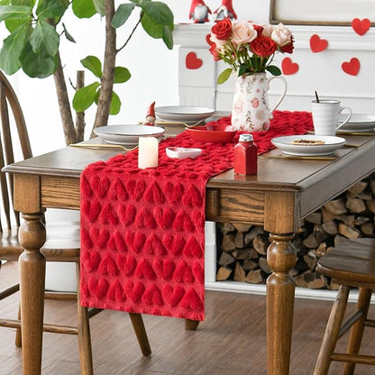 Artoid Mode Red Soft Plush Faux Fur Jacquard Heart Valentine's Day Table Runner, Seasonal Kitchen Dining Table Decoration for Home Party Decor 13x36 Inch