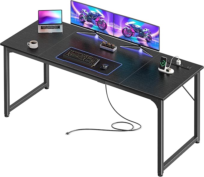 PRAISUN 63 X 24 Inch Office Computer Desk with Power Outlets and USB-C Port, Larger and Longer Gaming Desk, for Home Office, Study, Writing Work from Home Table, Metal Frame, Black