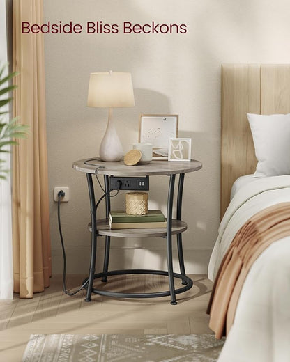 VASAGLE 21.7-Inch Round Side Table, 2-Tier End Table with Power Outlets, Nightstand with Steel Frame, Spacious Top, for Small Spaces, Living Room, Bedroom, Heather Greige and Ink Black ULET077L01