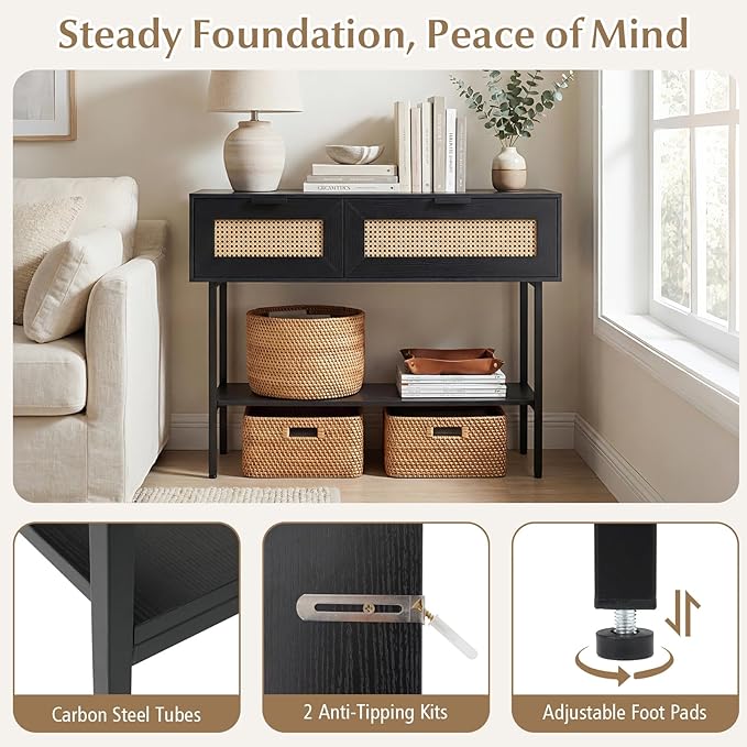 Giantex Rattan Console Table with Storage, 40" Boho Entryway Table w/ 2 Flip Door Cabinets & Shelf, Metal Frame, 2 Anti-Tipping Kits, Narrow Long Behind Couch Sofa Table for Entrance Hallway, Black