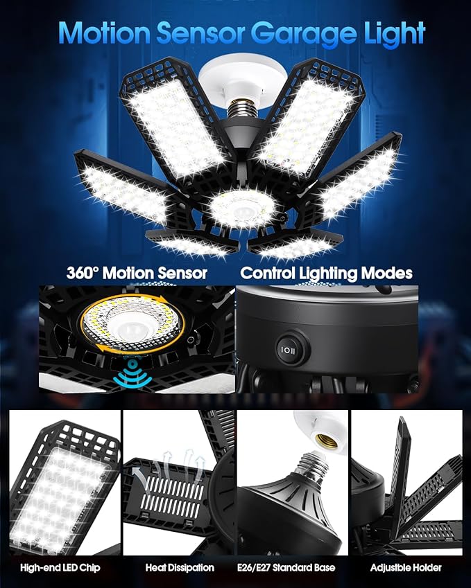 Garage Light, 200W 20000LM 6500K LED Shop Lights, Garage Lights Ceiling Led with 6+1 Deformable Panels, Screw in E26/E27 Socket Bulb (Motion Sensor 200W-1PACK)