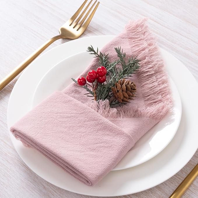 12 Pack Pink Cotton Linen Napkins with Fringe Christmas Cloth Napkins Set of 12 Boho Handmade Holiday Napkins Bulk for Wedding Baby Shower Xmas Parties Girl Sweet 16, 17 x 17 Inches