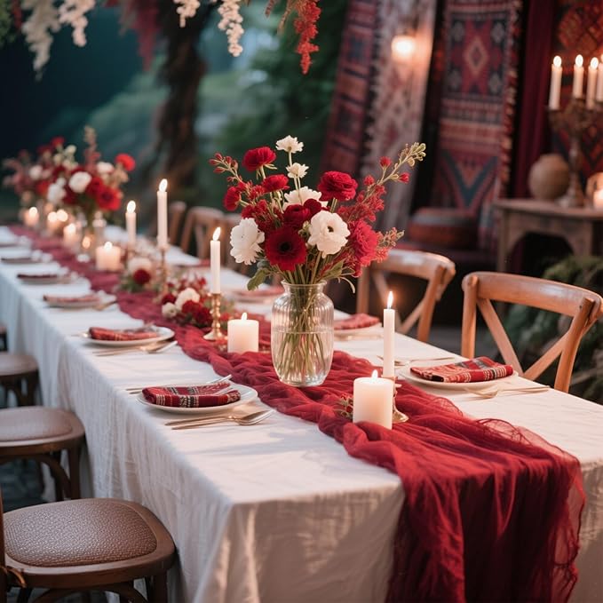 6 Pack Red Cheesecloth Table Runner Gauze Christmas Table Runner 35x120 Inch Rustic Boho Cheese Cloth Sheer Runner for Wedding Baby Shower Bridal Shower Birthday Party Holiday Decorations