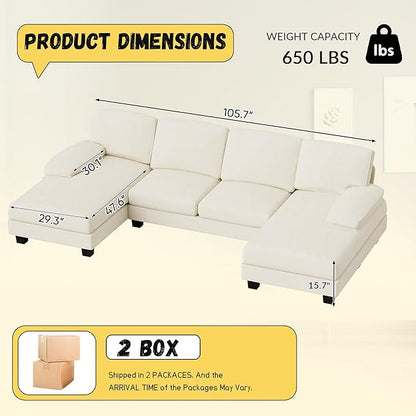 JUMMICO Sectional Couches for Living Room, U Shaped Couch with Chenille Fabric, 4 Seat Modern Sofa with Removable Pillows for Apartment and Small Space (Fabric, White)