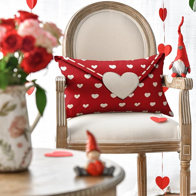 AVOIN colorlife Valentine's Day Envelope Throw Pillow Cover, 12 x 20 Inch Red Heart Red Anniversary Wedding Cushion Case Decoration for Sofa Couch